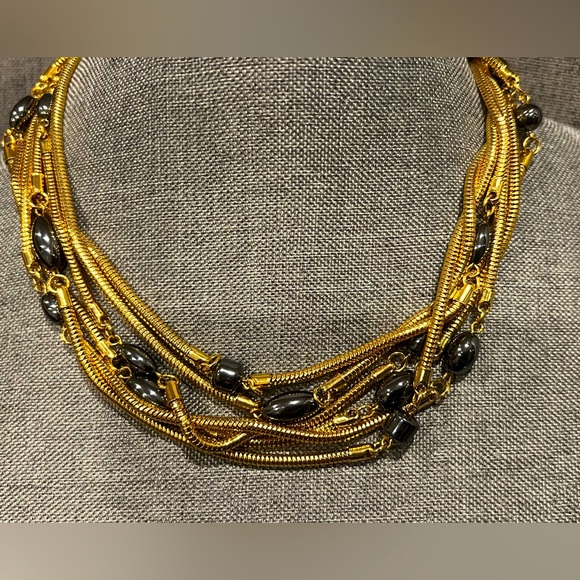 Signed MONET Necklace Gold Tone Multi Strand Statement Chain 18” Hematite - Picture 3 of 8